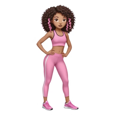 Uma menina negra da pele clara magra definida com roupa de academia rosa, com cabelo cacheados  todo castanho escuro bem grande até a bunda sem muito volume no cabelo sticker