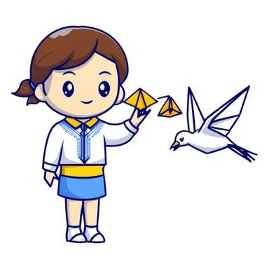 Ukrainian young girl with brown hair wearing a white embroidered shirt holds an origami yellow-blue crane sticker