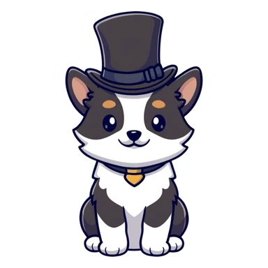 cute small tan and white dog with black nose, black round eyes, curly fluffy medium length hair, wearing a top hat sticker