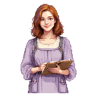 Calm female artist, Caucasian features, shoulder-length auburn hair, soft brown eyes, gentle smile, wearing a violet smock over a light beige top, holding a sketchbook close to chest, waist-up, front-facing sticker