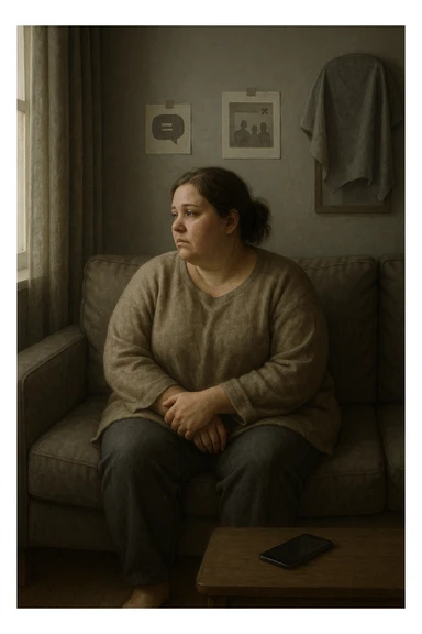 Donna tra i 30 e i 40 anni seduta sola su un divano, con espressione malinconica e corpo visibilmente appesantito. Indossa abiti larghi, avvolgenti, e guarda fuori dalla finestra mentre il telefono è spento o con notifiche ignorate accanto a lei. Sullo sfondo, si notano segnali di vita sociale assente: messaggi non letti, inviti ignorati, foto di gruppo a cui non partecipa. L’atmosfera è silenziosa, con luce grigia e ambiente spento. Intorno a lei, simboli di ritiro e insicurezza: tende chiuse, specchio coperto, postura chiusa. Stile realistico, tono delicato ed emotivo sticker