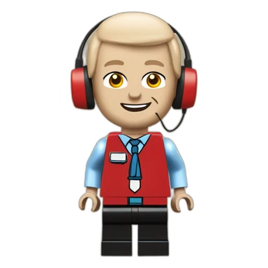 LEGO customer service bald men with headset with red shirt sticker