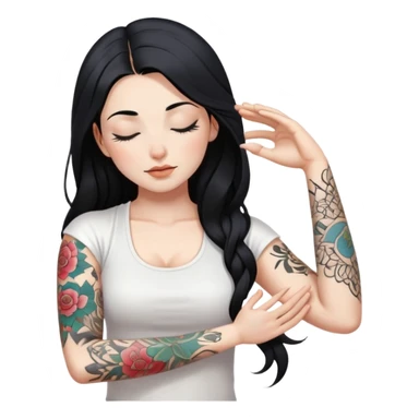 Yoga girl on a mat with white skin, long black hair and eyes closed, with just left arm tattooed and right arm NOT ttatooed, wearing white clothes sticker