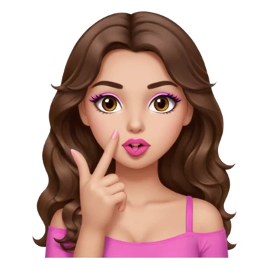 girl with long wavy brown hair, brown eyes, light to medium complexion, in a pink sexy top, pink lips, long lashes, shushing with one finger on the lips sticker