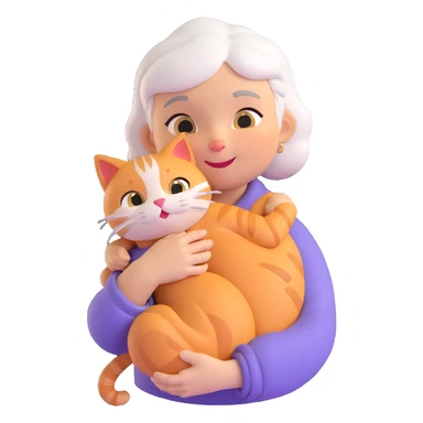 Show only one cat in the grandmother's arms, 3d emoji style, with no background (transparent) sticker