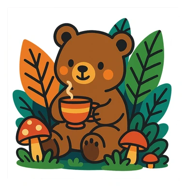 little bear sipping tea in the forest, surrounded by leaves and mushrooms, vibrant-toon style sticker