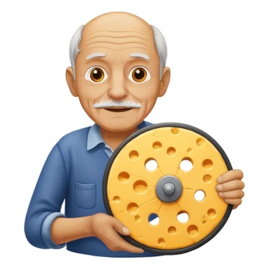 old man holding cheese sticker