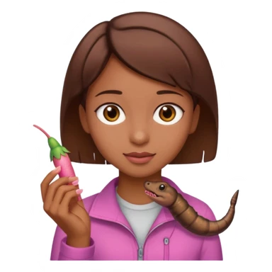 a girl with brown eyes, brown short hair and a worm sticker