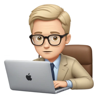 white male journalist typing on a laptop, wearing glasses, focused expression sticker