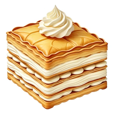 mille-feuille-cinematic-realistic-mille-feuille-dessert-emoji,-depicted-as-a-rectangular delicate-pastry-composed-of-two-crisp-layers-of-puff-pastry-with-a-rich-cream-filling,-rendered-with-intricate-textures-and-elegant,-soft-lighting. Please only show two layers only. sticker