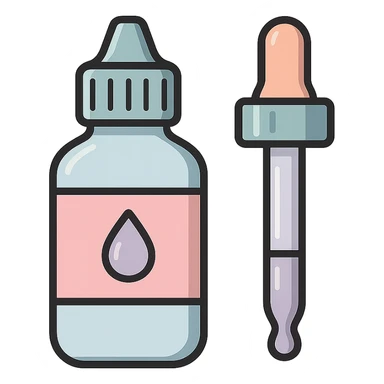 eye drops bottle and pipette side by side, vector look with shadows and highlights, detailed shading, thin clean outlines, soft rounded features, pastel palette #98B5BC #B5B3C1 #C9A3C9 #E4C0CA #F7DCD1 #F7C0AA, Japanese pop art, sticker look, highly detailed, transparent background sticker