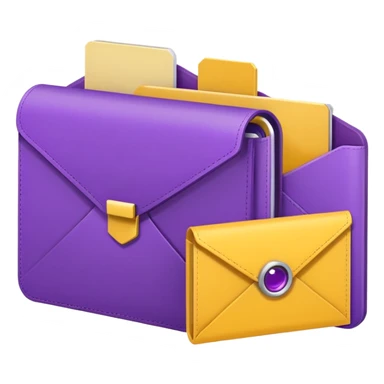 simple, minimalistic yellow (hex#FFD008) and purple (hex#8C52FF) icons of a pin, a working case, a folder, a magnifier, an email, an envelope sticker