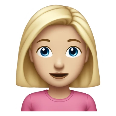 a girl with freckles and blue eyes, blonde hair and dark roots. pink clothes sticker