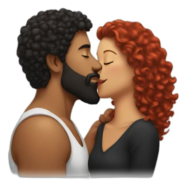 Brown man with a smooth black hair cut fade and a black beard kissing a White woman with long red curly hair sticker