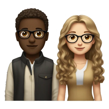 A girl with light skin, long and straight hair which is light brown and black glasses next to a boy who is dark skinned, only he has curly hair and he doesn't have glasses sticker