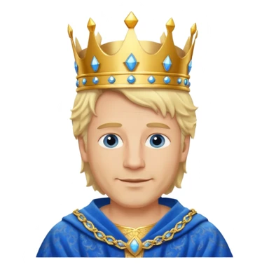 
1 Middle-aged white king, 40 years old, blond hair, blue eyes, kind and benevolent vibe, gentle smile, wearing a crown and blue robe emoji sticker