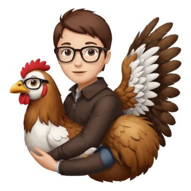 A dued whareing glasses that's ridding a dog-chicken mix sticker