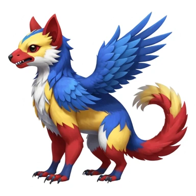 Blue-red-yellow, white-breasted Gryphon-Trico-Sergal-Furret-Ferret-Wolverine-Vernid-fusion-Fakemon-animal-hybrid-creature, full body sticker