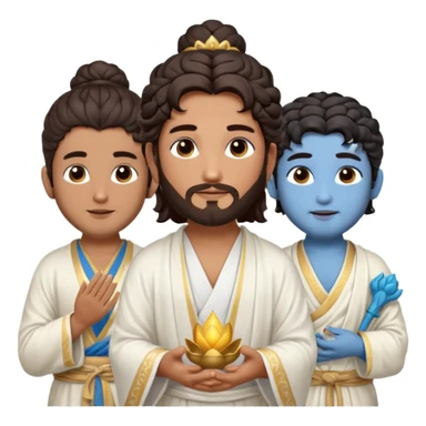 Create a Jesus - men long wavy dark-brown hair, short beard, wearing a simple white robe., Krishna- men blue skin with dark curled hair , and Buddha standing together. Buddha: men warm golden or light tan skin, dark curled hair with a traditional top bun (ushnisha)

 sticker