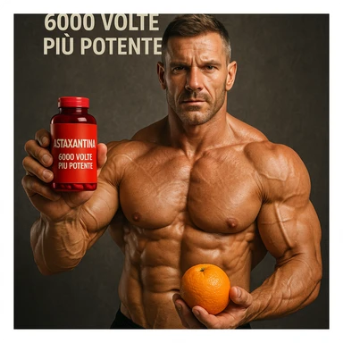 hyper realistic bodybuilder showing red astaxanthin bottle and orange, sculpted muscles, text 'Astaxantina: 6000 volte più potente', motivational atmosphere, realistic details sticker