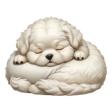 Cinematic Chubby Sleeping Wavy-Haired Maltese Dog Portrait Emoji, Chubby and serene, with a round, adorable build and a soft, wavy-haired white coat, eyes gently closed in peaceful slumber, Simplified yet irresistibly endearing features, highly detailed, glowing with a gentle, dreamy glow, high shine, relaxed and content, stylized with a touch of whimsy, bright and heartwarming, soft glowing outline, capturing the essence of a blissfully sleepy companion, so comically serene it feels like it could roll out of the screen and snore with adorable charm! sticker