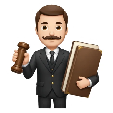 Create a male lawyer. he is wearing a fromal suit jckeret. He is holding a gavel in one hand and a book tucked under his another arm. He has a mustache and BEARD both! sticker