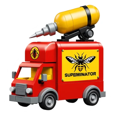 Heroic Lego SuperBug Ron’s exterminator superminator antique tall moving van (motto: Bombing creepy bugs is fun) sticker