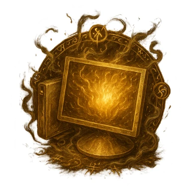 Make a version of the Windows 'My Computer' icon as an Elden Ring incantation with a transparent background. Show the computer glowing with golden light, magical glyphs, and ethereal smoke, in the style of Elden Ring spell icons. 1080 x 1080 format. sticker
