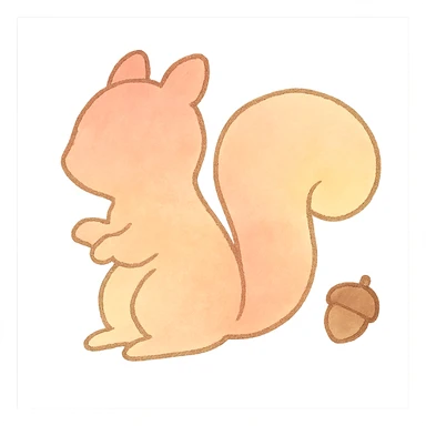 cute pastel squirrel silhouette, Japanese hand-drawn style, full object, transparent background, with a tiny acorn sticker