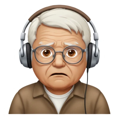 Brown old man with medium white hair, wearing glasses and headphones, looking surprised and angry, no facial hair, chubby, looking to the upper left corner sticker