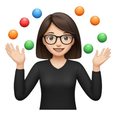 a brunette girl in a black shirt wearing glasses is  juggling  with two hands and smiling  sticker
