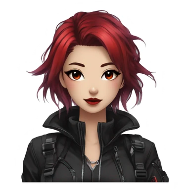 Gorgeous techwear anime style lady with blushing face aesthetic and pretty edgy black red punk hair with hair garment and collar  and harness trending style sticker