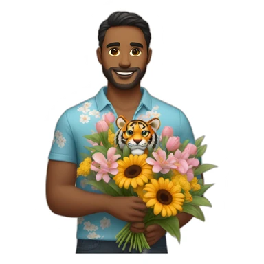 Tiger-man-with-a-Napoli-shirt-and-a-flowers-bouquet-in-his-hands sticker