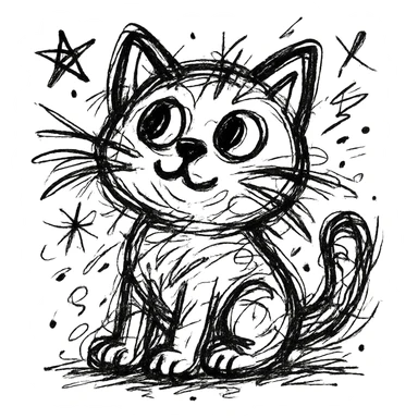 chaotic outlined icon of a cute kitten sitting and looking up, with wild scribbled lines sticker