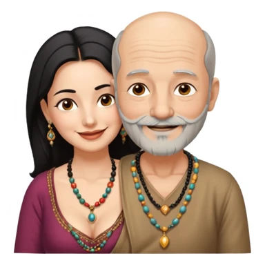 I want an old man with balding and grey beard  wearing no jewelery and a woman in her 40s with dark black hair parted in indian woman style wearing a beads chain  with the cleavage of the woman visible in a passionate embrace, both must be blissfully smiling sticker