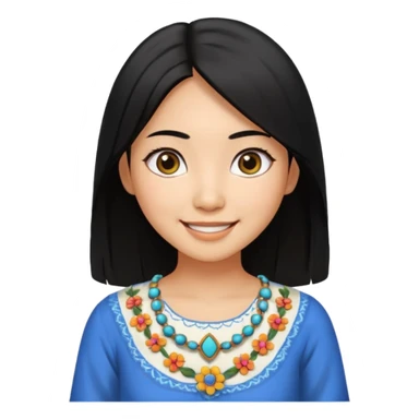 30 yr old asian woman center parted hair big eyes big smile tanned skin straight black hair hippie part hair white blouse sticker