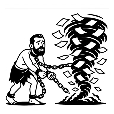 Используя такую стилистику сгенерируй героя в образе раба, закованного в кандалы и цепи идут в огромный ураган из бумаги, который символизирует бумажную рутину, прозрачный фон sticker