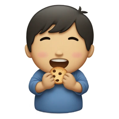 little Asian boy big belly, eating a cookie sticker