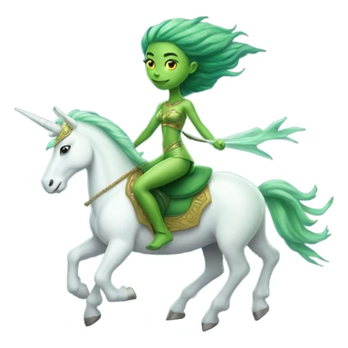 a green amazon alien woman on a white unicorn no woke sticker