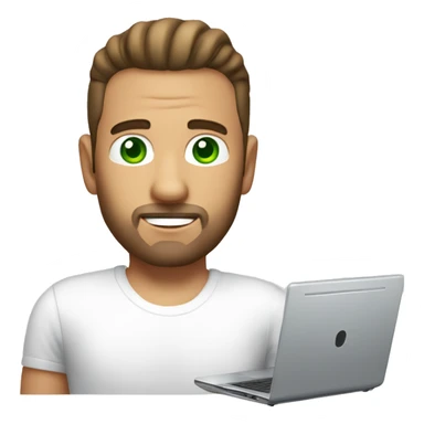 A man with a silver laptop, slick back and a white t-shirt (without beard and moustache, brown hair and green eyes) sticker