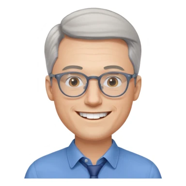 30 yr old pale white man, grey side swept hair, round glasses, big smile, white teeth, handsome, longer hair, thin glasses, blue dress shirt sticker