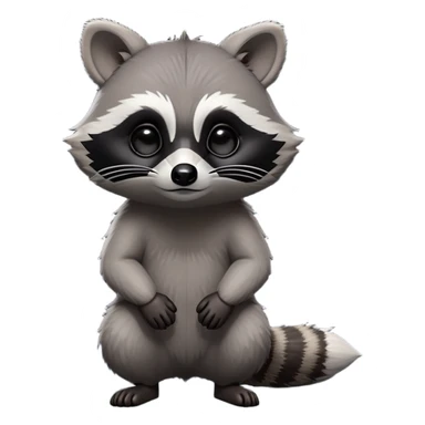 Cinematic-cute Raccoon-Realistic-hunched Full-Body on all fours-Emoji – Tail flicking lazily, head tilted dramatically, thick grey fur with a signature black mask, sharp and alert ears, simplified yet realistic focused features, highly detailed, glowing with an almost sarcastic glow. big black eyes sticker