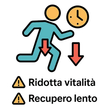 infografica in italiano, figura stilizzata di atleta con simbolo di orologio e freccia verso il basso nella zona pelvica, didascalie Ridotta vitalità e Recupero lento, icone di avviso, sfondo bianco sticker