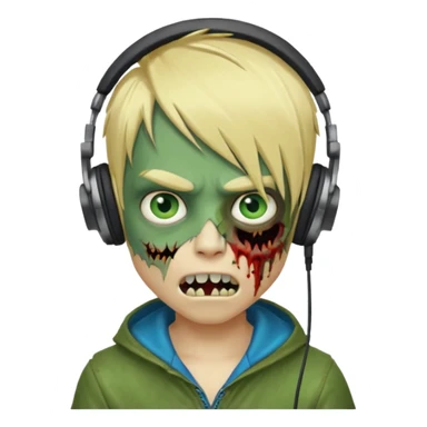 boy zombie whit blonde emo hair and eyes blue and GREEN SKIN and heandphones AND A MICROFONE AND GOLD TEETH and agesive face sticker