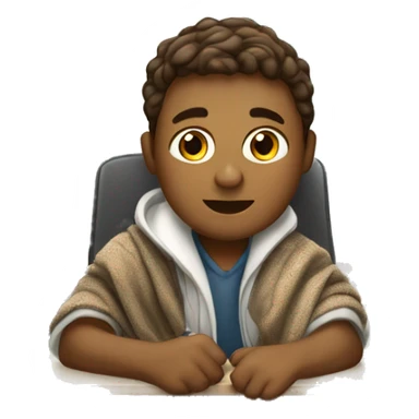 white boy sitting in a school desk with a blanket wrapped around shoulders working on chromebook sticker