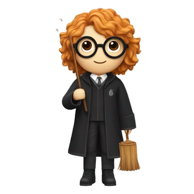 Harry potter avec les cheveux noir ondulé une baguette magique dans la main gauche et un pot de fleur dans la main droite une cicatrice en forme de z sur son front des lunettes ronde  sticker