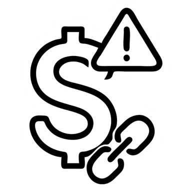 Slack emoji icon of a dollar sign with a warning triangle and a small broken link, visually representing a payment vendor being down, simple and easy to recognize sticker