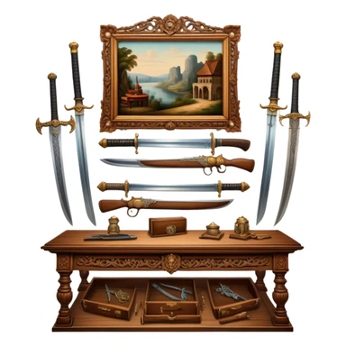 Icon for Antiques Collecting: vintage intricately carved furniture, famous paintings, antique swords, and rifles. The items are displayed on a wooden table or shelf. The icon should evoke the rich history and craftsmanship of antique collecting. Transparent background. sticker