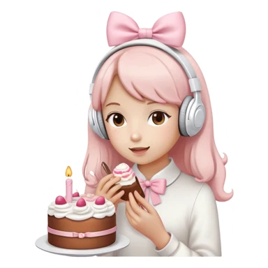 girls wearing White headphones with soft pink bow,having cute cake sticker