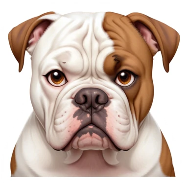Cinematic Meme-Worthy Grumpy White and Brown American Bulldog Portrait Emoji, Head held high but eyes filled with dramatic disappointment, short white fur with striking brown patches, deeply furrowed brow creating an unmistakable scowl, floppy ears slightly angled back in disapproval, piercing brown eyes glaring with pure exasperation, Simplified yet hilariously over-exaggerated features, highly detailed, glowing with an aura of supreme annoyance, high shine, exhausted yet judgmental, stylized with an almost regal pettiness, bright but brooding, soft glowing outline, capturing the essence of a pup that has seen it all and is thoroughly unimpressed, so meme-worthy it feels like it could instantly become the next viral sensation of grumpiness! sticker